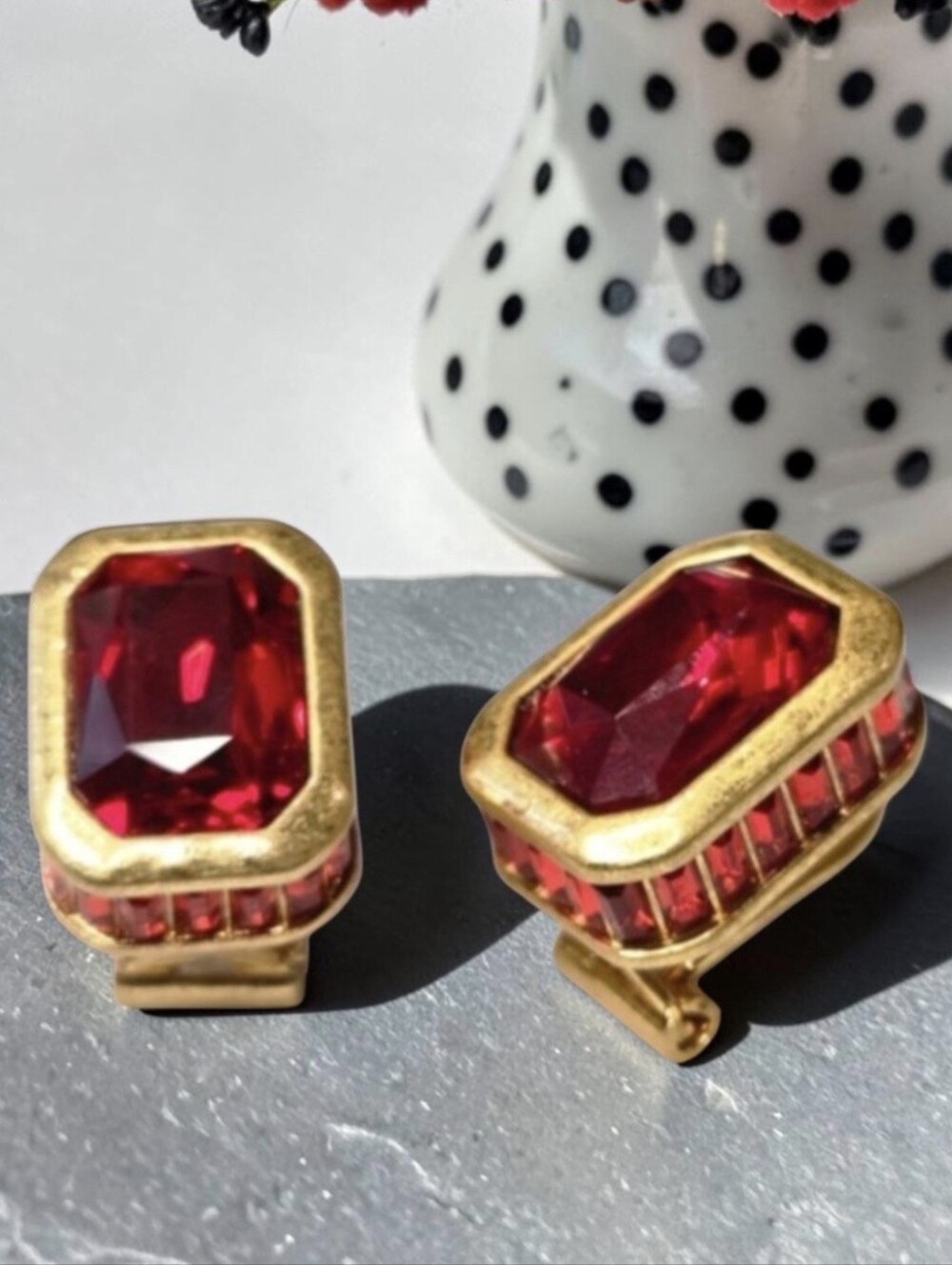 18k Gold Plated Cubed Ruby Red Crystal Omega Stud Earrings